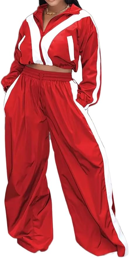Women Striped 2 Piece Outfits Fall Workout Sets Windbreaker Tracksuit Crop Jacket Wide Leg Pants with Pockets