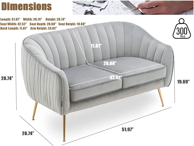 Altrobene Velvet Couch Sofa Chairs for Two People, Modern Loveseat for Living Rooms, Bedrooms, Small Spaces, Golden Finished, Grey
