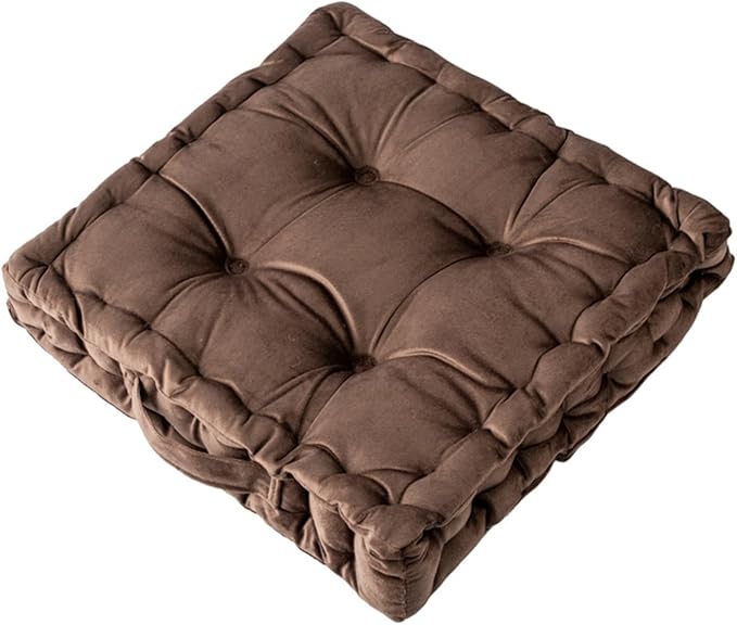Floor Pillow, Square Floor Seating Pillow Cushion with Handle Thicken Portable Velvet Floor Pillow Cushion for Yoga Living Room Bedroom Home Decor (Brown,15×15×3.15in)