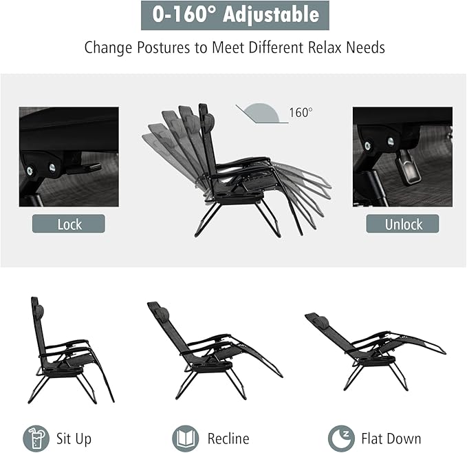 Tangkula Zero Gravity Chair, Folding Patio Lounge Chair Adjustable Outdoor Recliner with Cup Holder, Wide Armrest for Patio Garden Poolside Outdoor Yard Beach, Support 350 lbs (1, Grey)