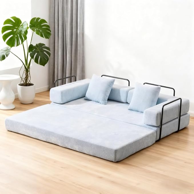 77" Convertible Foldable Floor Couch, 3-Seat Futon Sleeper Sofa for Living Room, Bedroom, or Apartment, with Pillow Backrest and Armrests, Chenille Fabric, No Assembly Required, Light Blue