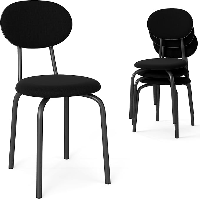 Stackable Dining Chairs Set of 4, Stackable Waiting Room Chairs, Stacking Kitchen Chairs with Upholstered Back and Seat with Dense Foam Cushions, Steel Frame with 400 Lb. Capacity, Black