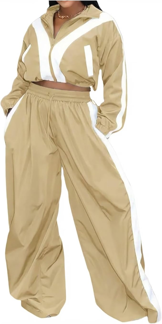 Women Striped 2 Piece Outfits Fall Workout Sets Windbreaker Tracksuit Crop Jacket Wide Leg Pants with Pockets