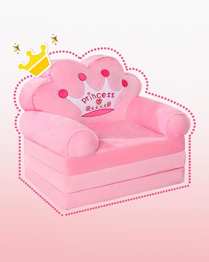 MOONBEEKI Kids Couch Fold Out, Foldable Princess Chair for Toddlers 1-3, Kids Furniture for Playroom, Gift for Birthday Christmas and Halloween（Pink）