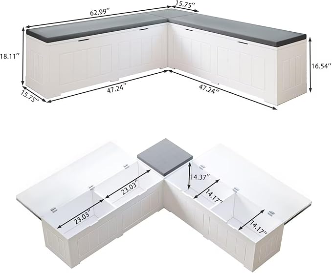 L-Shaped Corner Storage Bench Compartments & Cushioned Seat, Kitchen Breakfast Nook Bench with Hidden Storage, Wood Flip-Top Shoe Benches for Entryway Cloakroom, White & Grey