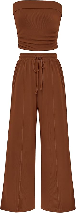 PRETTYGARDEN Womens Summer Outfits 2 Piece Sets Casual Ribbed Knit Crop Tube Top Wide Leg Pants Spring Matching Lounge Set