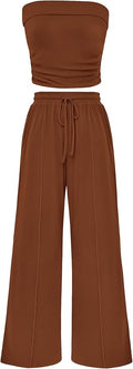 PRETTYGARDEN Womens Summer Outfits 2 Piece Sets Casual Ribbed Knit Crop Tube Top Wide Leg Pants Spring Matching Lounge Set