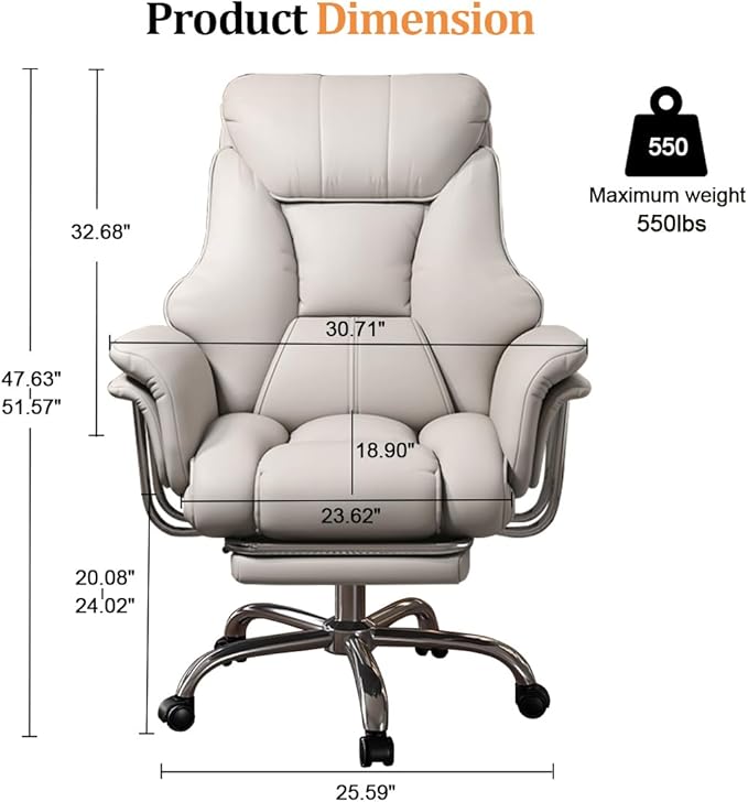 BTFYOU Big and Tall Office Chair with Armrests Executive Chair with Footrest and Spring Lumbar Support High Back Leather Ergonomic Chair Adjustable Height Tilt Lock for Business
