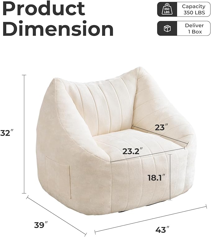 Giant Bean Bag Chair for Adults,Oversized Bean Bag with Filling Plush Fluffy,BeanBag Floor Sofa Chair with with Back Support for Living Room, Bedroom, Reading, Lvory