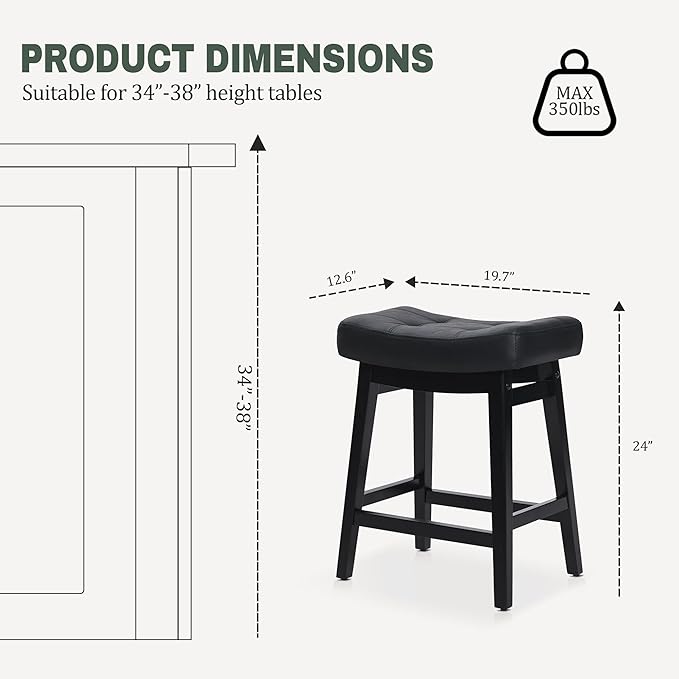 RNKSFX Counter Height Black Bar Stools Set of 3 for Kitchen Counter, Backless Farmhouse Kitchen Island Barstools with Upholstered Faux Leather Saddle Seat and Solid Wood Legs Modern 24 inch Bar Chairs