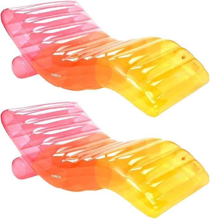 FUNBOY Giant Inflatable Luxury Clear Rainbow Chaise Lounger, Chair Pool Float, Transparent Tri-Color Material, Cool Adult Float, Perfect for a Summer Pool Party - Bundle Pack of 2