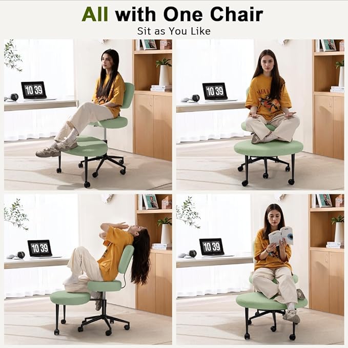 Waleaf Ergonomic Cross Legged Office Chair, ADHD Chair for Adults, Height Adjustable Meditation Chair with Wheels, Teddy Fabric Yoga Kneeling Chairs with Comfortable Back Support (Green)