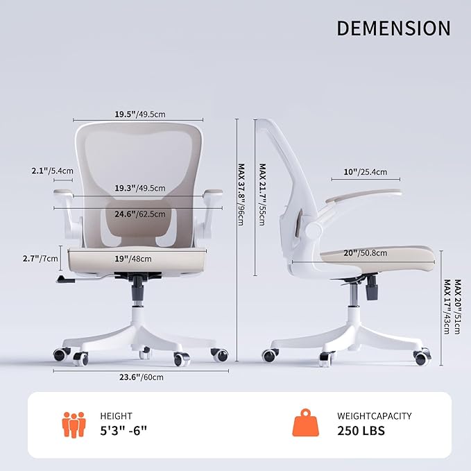 Monhey Office Chair Ergonomic Desk Chair with Lumbar Support&Headrest&Flip-up Arms Height Adjustable Rocking Swivel High Back Computer Chair Multi-Angle from 90° to 125° with 350LBS Capacity (01Khaki)