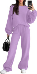 Sweetyweee Women's 2 Piece Outfits Set Fleece Lined Lounge Sweatsuit Crewneck Pullover Top Wide Leg Pants Casual Tracksuit