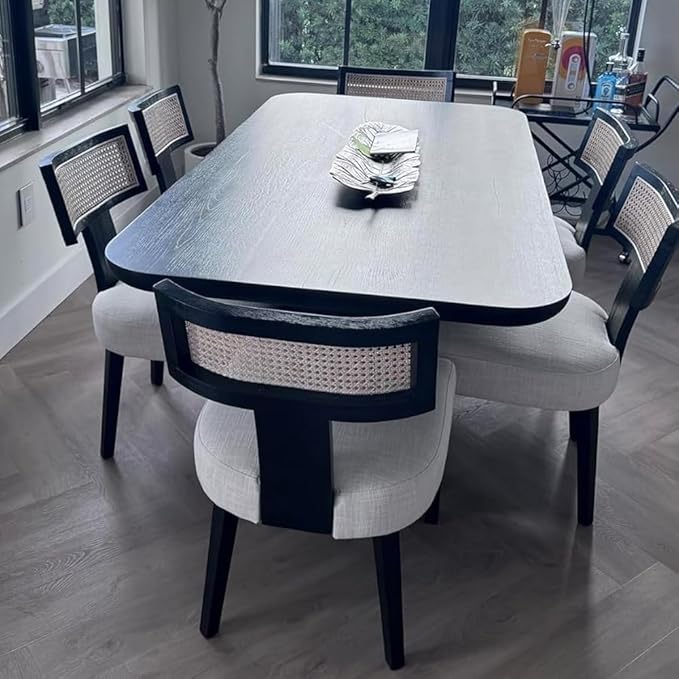 RIVOVA Rattan Dining Chairs Set of 2, Modern Dining Chairs Kitchen Dining Room Chair, Curved Cane Back Upholstered Linen Fabric Dining Chair with Black Wood Frame, Beige