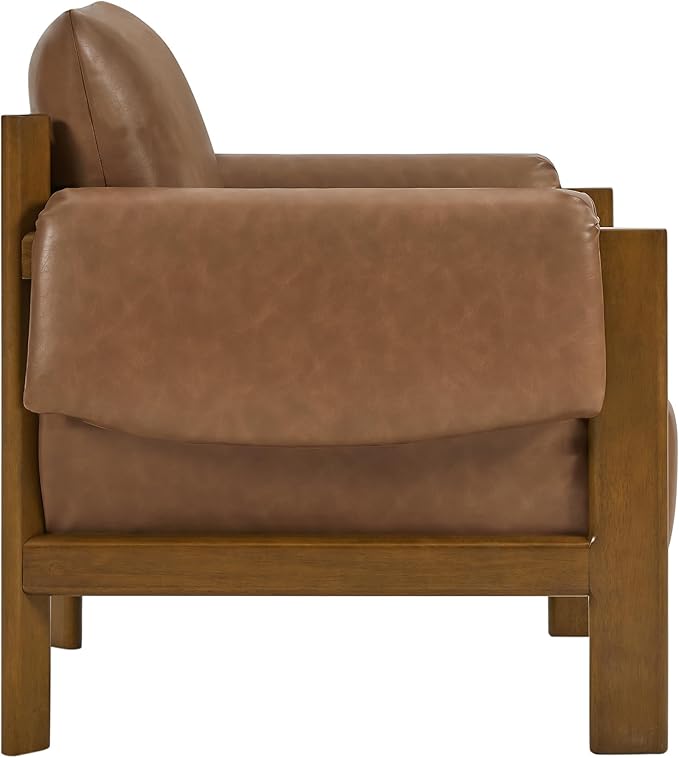CHITA Accent Chair, Mid Century Modern Upholstery Armchair for Living Room, Solid Wood Frame, Faux Leather in Saddle Brown