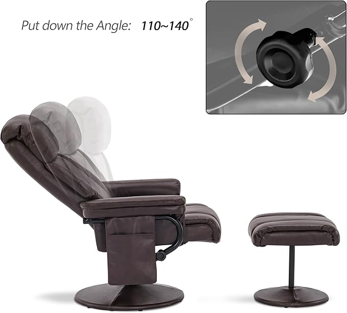 MCombo Swivel Recliner with Ottoman, TV Chair with Vibration Massage, Ideal for RV Small Space, Living Room & Bedroom 4539 4828 (Faux Leather, Dark Brown)