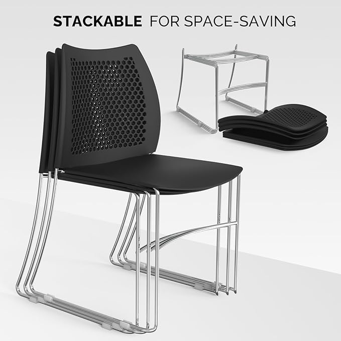 VINGLI Stacking Chairs Set of 12 Stackable Office Chairs with Metal Sled Base, Ergonomic Plastic Seat & Holes Back, Stacking Chairs for Waiting Room Break Room Banquet Guest, Black