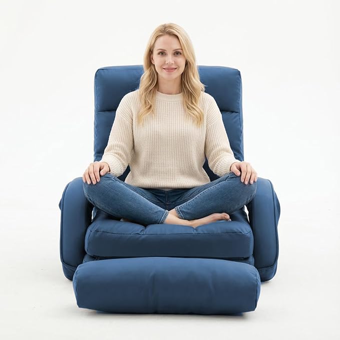 FLOGUOR 14-Position Adjustable Floor Chair, Chaise Lounge Indoor, Folding Lazy Sofa with Armrests and a Pillow Padded Adults Gaming Chairs for Living Room, Bedroom Factory Price,8803 (Blue（PU）)