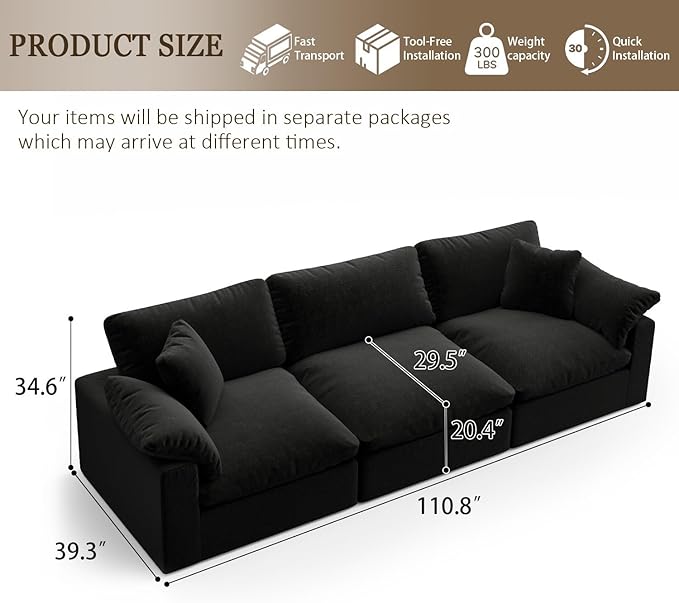 Forest aesthetics L-Shaped Modular Cloud Sectional Sofa, 2-Seater with Chaise,Modern Down Filled Detachable Couch for Living Room, Office & Small Apartment,Black