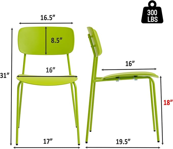 Sidanli Stackable Chairs Set of 4, Metal Dining Chairs with Plastic Seat, Capacity 300lbs, Stacking Chairs for Waiting Break Room Kitchen Party, Green