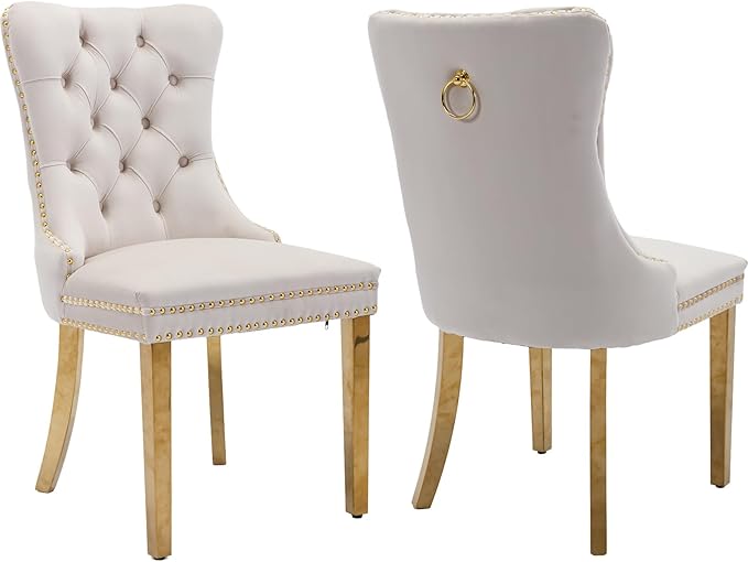 YeahFurn Mid Century Modern Dining Chairs Set of 2, Beige Velvet Upholstered Tufted Back, Kitchen & Dining Room Chairs, Gold Metal Legs, Nailhead Trim, Sillas para Comedor (Beige, 2 Pcs)