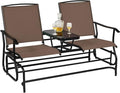 Giantex Patio Bench Glider Chair with Metal Frame, Center Tempered Glass Table, Outside Double Rocking Swing Loveseat for Porch, Garden, Poolside, Balcony, Lawn Rocker Outdoor Glider Bench(Brown)