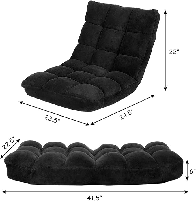 KOMFOTT 14-Position Adjustable Floor Chair With Back Support, Folding Padded Gaming Sofa for Reading, Meditation, Living Room Lazy Lounge, Video Gaming - Black