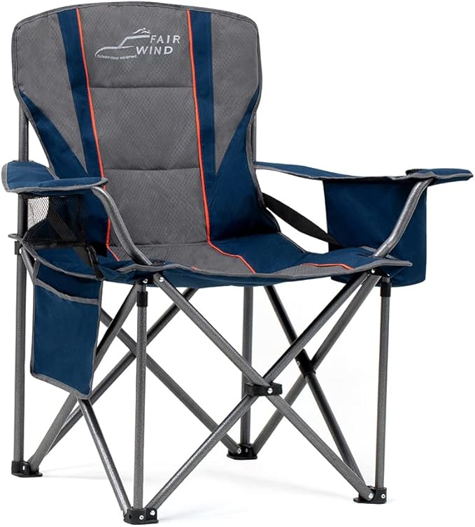 FAIR WIND Oversized Fully Padded Camping Chair for Heavy People with Lumbar Support, Heavy Duty Quad Fold Arm Chair with Cooler Bag - Support 450 LBS，Blue