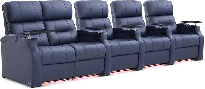 Weilianda Home Theater Seating, Top Grain Leather Sectional Seats Recliner Chair, Zero Gravity Reclining Sofa with Power Headrest 7 Colors Ambient Lighting USB C Charge Row of 5 Loveseat Left Blue