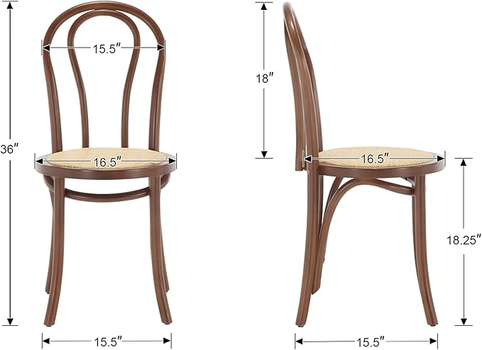 DM Furniture Bentwood Dining Chairs Set of 2 Mid-Century Modern Rattan Kitchen Chair with Backrest, Armless Curved Wood Bistro Chair for Dining/Kitchen Room,Home No Assembly Required, Walnut Wood