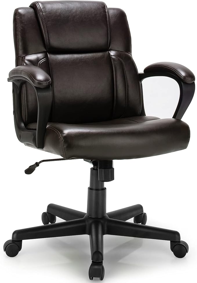 Giantex Leather Executive Chair, Ergonomic Mid Back Computer Desk Chair with 4" Thickened Cushion, Soft Padded Armrests, Height Adjustable Modern Swivel Task Chair for Home Office Study, Brown