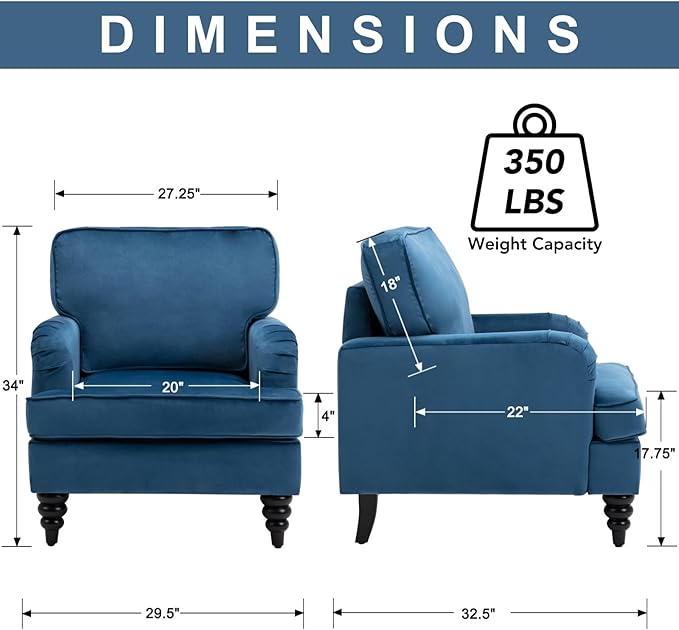 chairus Mid Century Modern Velvet Accent Chair, Vintage Club Armchair with Firm Supportive Seat & Soft Backrest, Comfy Single Sofa Reading Chair for Living Room Bedroom Apartment, Blue