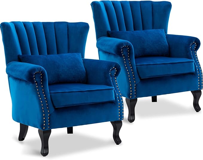LZAREAL Accent Reading Arm Chairs Set of 2 Midcentury Modern Comfy Corner Sofa Chair, Wingback Waiting Room Club Chair with Tufted Back for Living Room/Bedroom/Reception Room, Velvet Blue