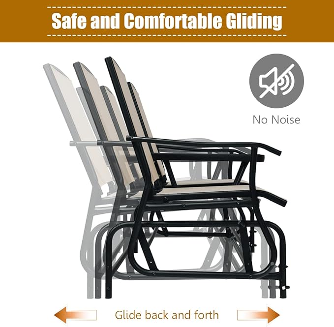 S AFSTAR 2-Person Outdoor Glider, Patio Glider Bench Chairs with Center Tempered Glass Table & Breathable Loveseat, Double Swing Glider Chair for Porch Garden Poolside Balcony Lawn (Beige)