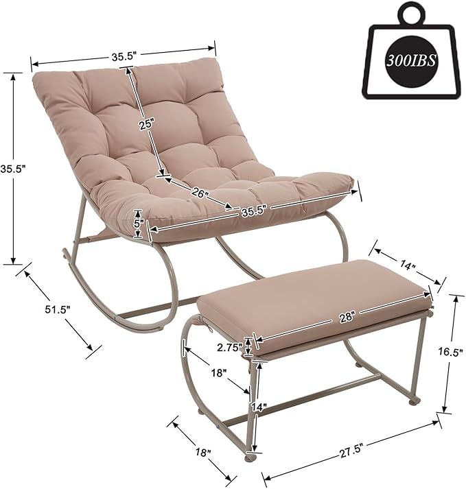 DAYAOUTDOOR Rocking Chair Outdoor Set of 2, Extra Wide Outdoor Chair with Cushion, Patio Rocking Chairs with Ottoman, Patio Papasan Rocking Chairs for Porch, Garden, Lawn, Khaki