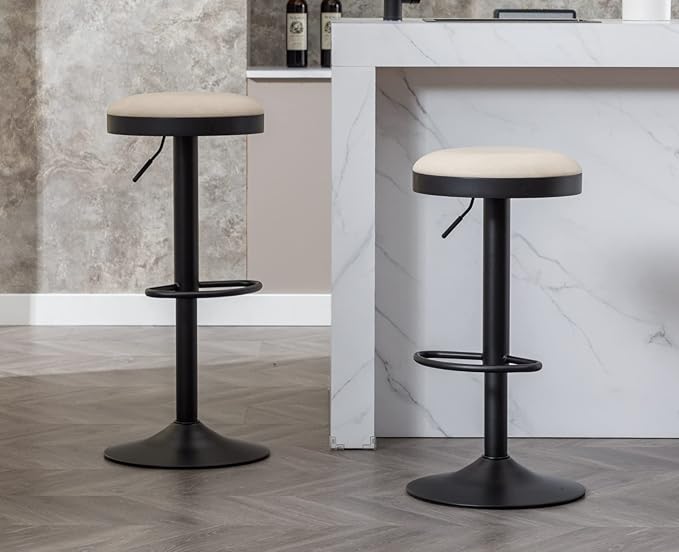 EALSON Modern Swivel Bar Stools Set of 6 Adjustable Counter Height Backless Barstools with Metal Base Leather Upholstered Round Bar Stool Chairs for Kitchen Island/Pub/Breakfast Bar, Beige