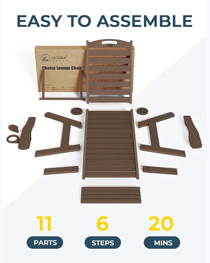 Ciokea Outdoor Lounge Chair HDPE Chair with Rolling Wheels & Cup Holder, 5 Position, Deck, Pool, Dark Brown
