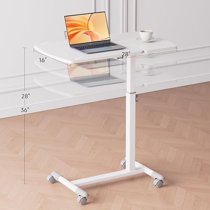 GTRACING Mobile Small Standing Desk, Tiltable Sit Stand Portable Rolling Laptop Desk with Lockable Wheels, Adjustable Height Overbed Bedside Table Computer Workstations, White
