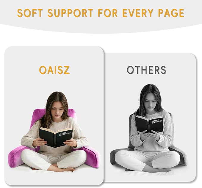 OAISZ Reading Pillow for Sitting in Bed Adult, X-Large Reading Pillow with Shredded Memory Foam, Back Pillow for Sitting Up with Extend Arms, Pockets, Bed Pillow with Washable Cover, Rose Red