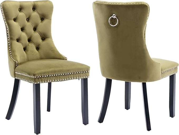 YeahFurn Olive Mid Century Modern Dining Chairs Set of 2, Velvet Upholstered Kitchen & Dining Room Chairs with Nailhead Trim & Solid Wood Legs, Elegant Sillas De Comedor (Olive, 2 Pcs)