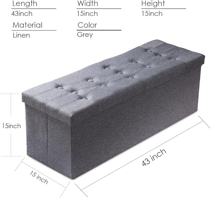 PRANDOM Jumbo Ottoman with Storage [1-Pack] Linen Folding Small Square Foot Stool with Lid for Living Room Bedroom Coffee Table Dorm Grey 43x15x15 inches