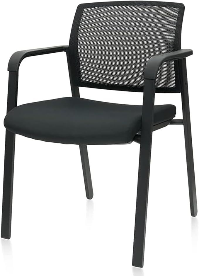 CLATINA Guest Reception Stacking No Wheels Desk Chair, Mesh Back Waiting Room Chairs with Arm Upholstered Fabric Seat and Ergonomic Lumbar Support for Office Conference School Church, Black (1 Pack)