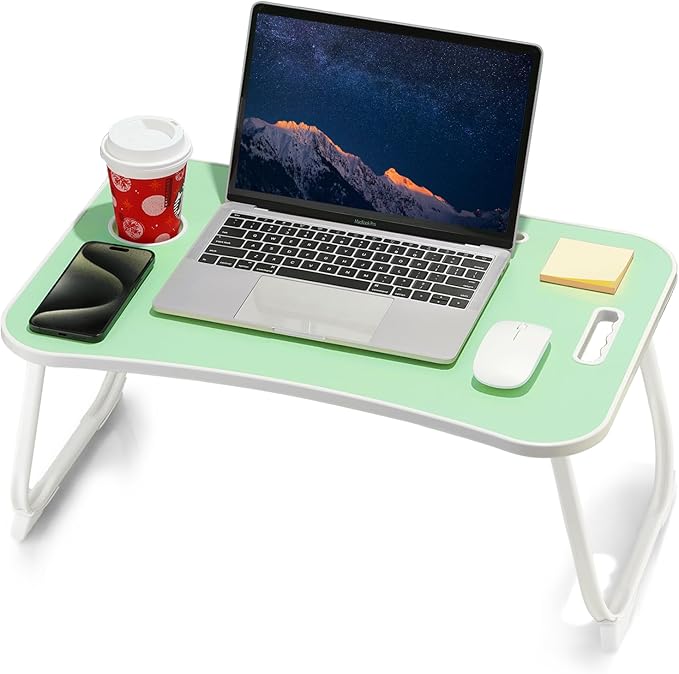 ZEAPTAC Laptop Bed Desk, Foldable Lap Desk, Portable Lap Table, Laptop Stand with Cup Holder & Tablet Slot & Lifting Handle for Working Writing Drawing & Eating - Green
