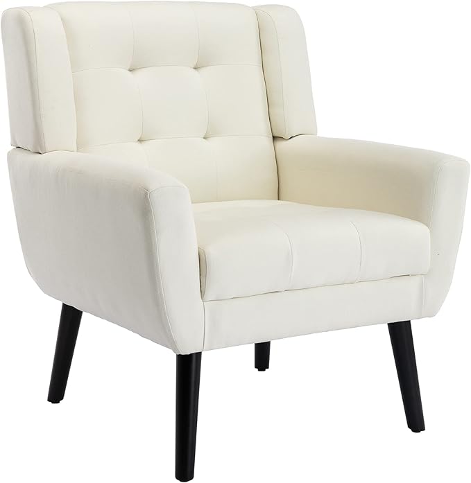 OO BY ORANGE ONLINE Linen Accent Chair, Mid-Century Modern Tufted Armchair for Living Room, Bedroom & Office (Beige)