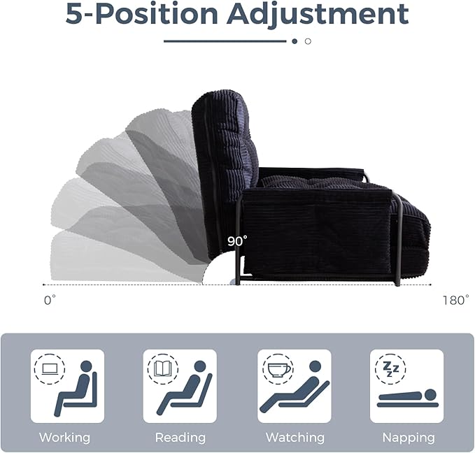 MAXYOYO Adjustable Floor Sofa Couch with Pillow, Multi-Functional Bean Bag Bed, 5-Position Foldable Lazy Sofa Sleeper Bed with Armrest, Versatile Floor Seating for Reading Gaming, Black, Single