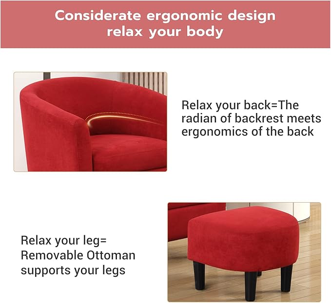 INZOY Modern Accent Chair with Ottoman, Upholstered Barrel Reading Chair with Foot Rest, Comfy Fabric Armchairs for Living Room Bedroom Small Spaces, Easy to Assemble (Red)