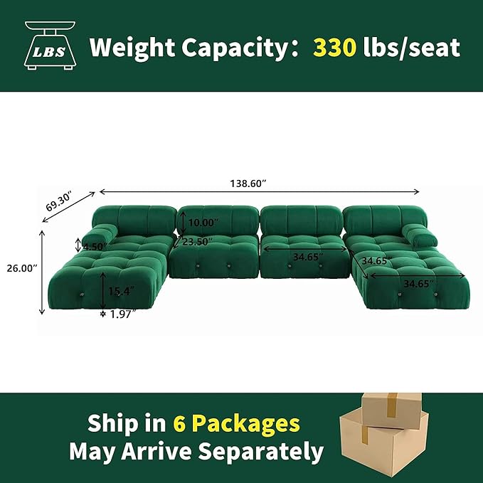 JACH 138" Convertible Modular Sectional Couch, U-Shaped Minimalist Velvet Sofas, Mid-Century Modern Comfy Sectional Couches with Chaise Ottomans for Living Room Office Apartment (Green)