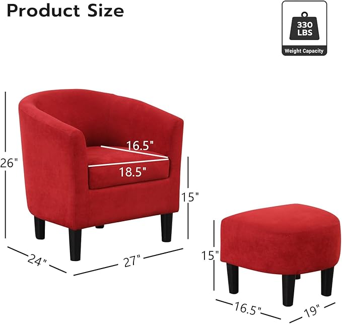 INZOY Modern Accent Chair with Ottoman, Upholstered Barrel Reading Chair with Foot Rest, Comfy Fabric Armchairs for Living Room Bedroom Small Spaces, Easy to Assemble (Red)