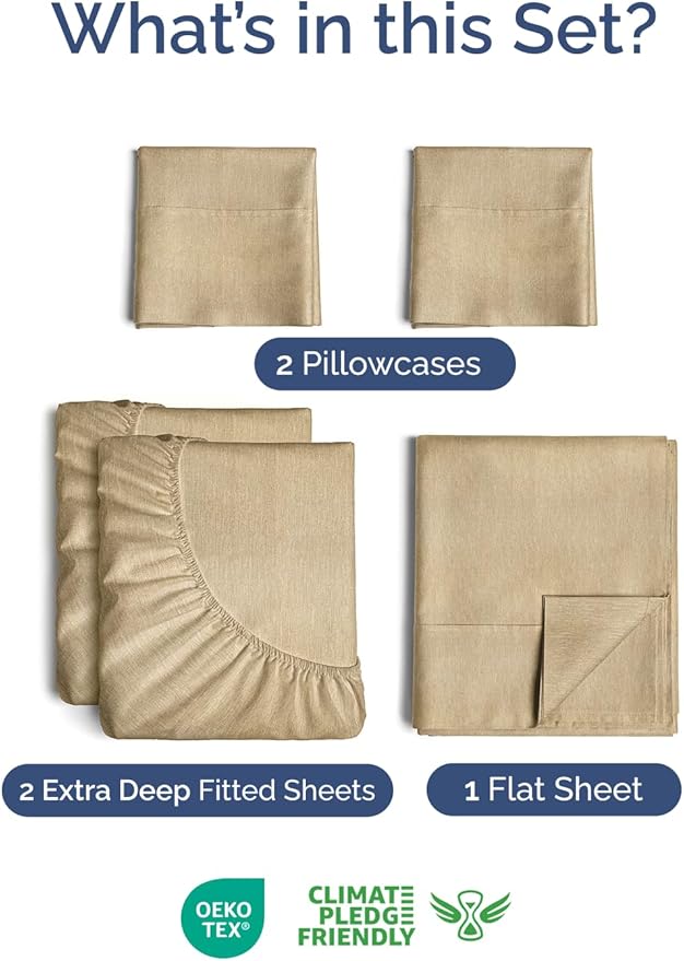 Extra Deep Pocket Split King Sheets - 5 Piece Breathable & Cooling Bed Sheets - Hotel Luxury Bed Sheet Set - Soft, Wrinkle Free & Comfy - Easily Fits Extra Deep Mattresses - Heathered Tan Sheets Set
